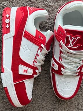 Louis Vuitton Red and White LV Trainer Sneakers